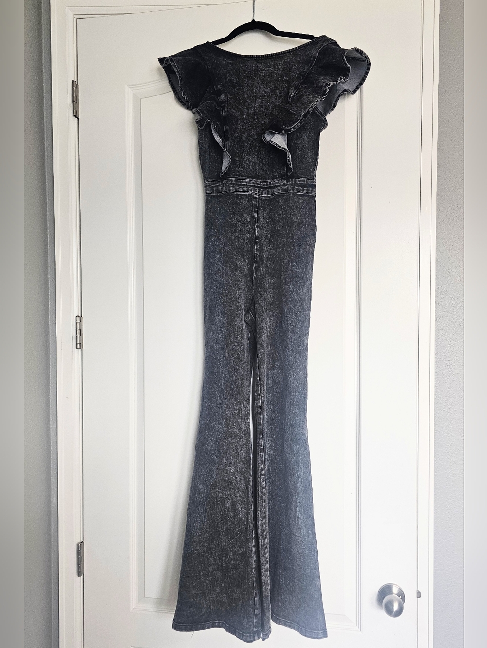 Acid Wash Denim Jumpsuit Flare Leg Wide Leg Ruffle Sleeve XS VICI